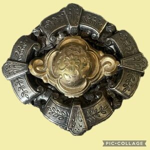 Vintage Tonic 3” Tin Brooch Two Tone Dome Flower With Vine Scroll